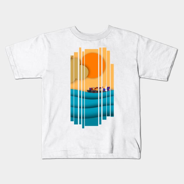 Cargo ship on sea illustration Kids T-Shirt by SaturnPrints